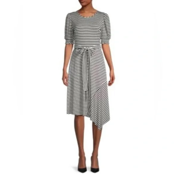 Karl Lagerfeld | Dresses | Karl Lagerfeld Paris Belted Striped Pouf Sleeve  Round Neck Midi Fit Flare Dress | Poshmark